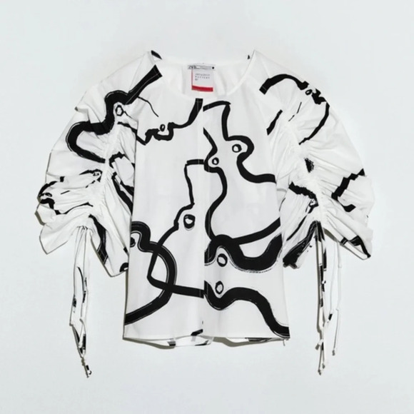 NWT Zara Art Deco Pottery By Jade Paton Abstract Painted Pattern Top XS-S - Picture 3 of 8